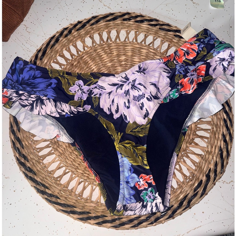 Aerie Real Good Cheekiest Bikini Bottom Navy Blue Floral Ruffle Swim Size Large